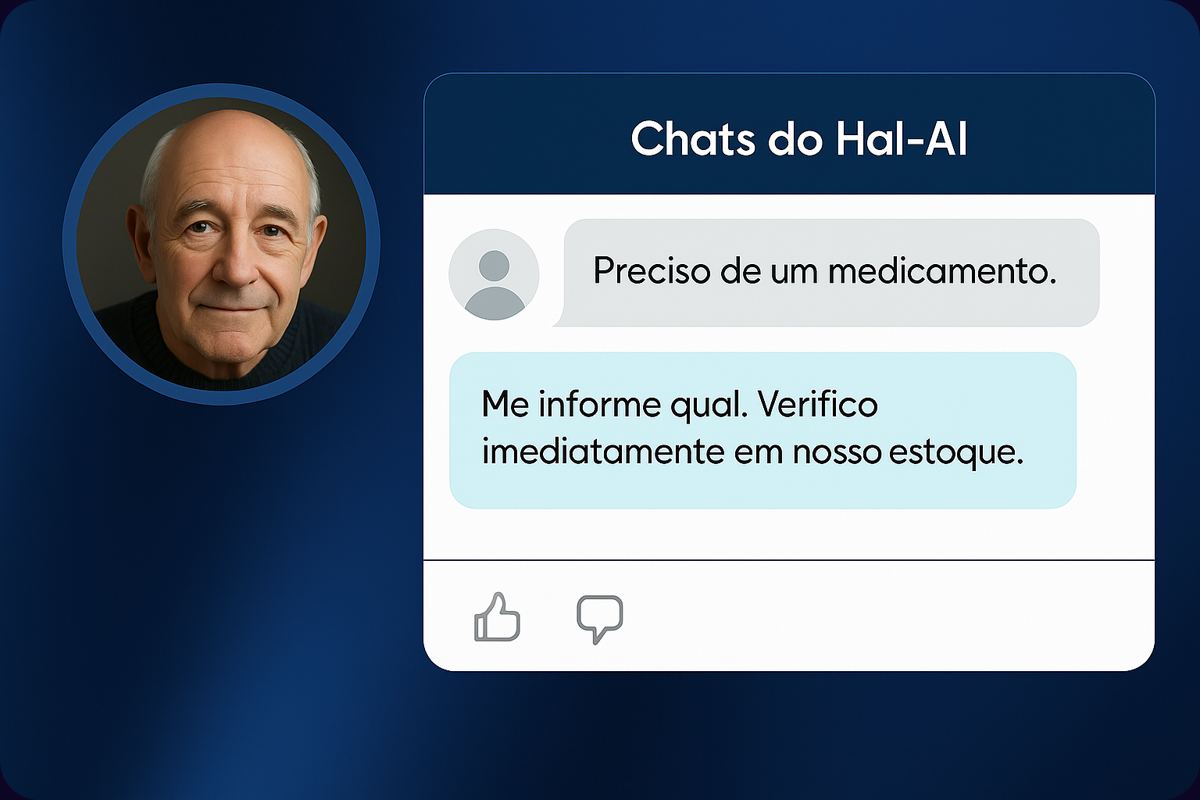 Mockup de conversa da Hal-AI: o cliente escreve “Preciso de um medicamento.” e o agente responde “Me informe qual. Verifico imediatamente em nosso estoque.”