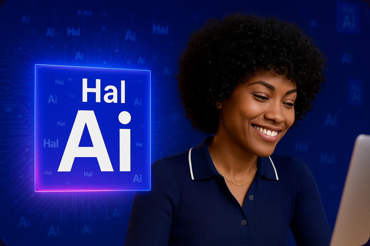 Profissional sorri diante do notebook ao lado de um emblema luminoso com a marca Hal-AI, sobre fundo de circuito.
