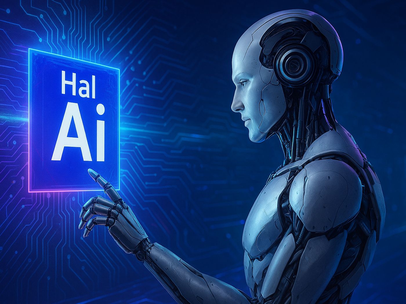 Humanoide de inteligencia artificial tocando um chip Hal-AI sobre uma placa de circuito iluminada