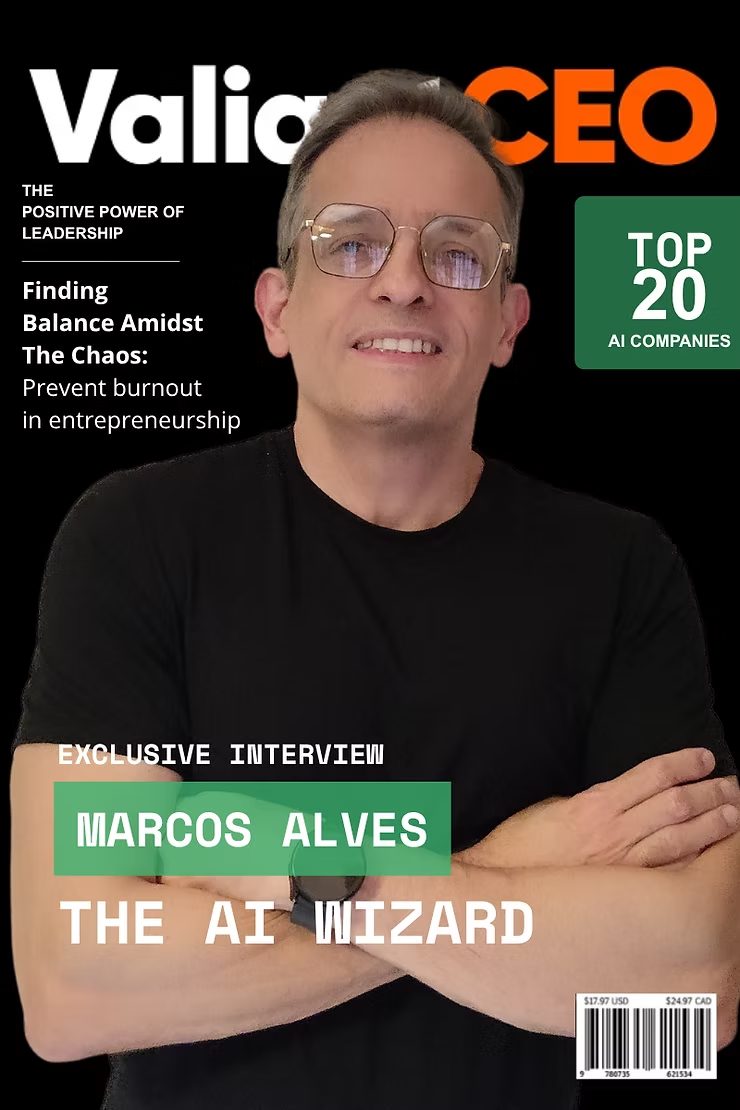 Capa da revista ValiantCEO com o selo TOP 20 AI COMPANIES e a chamada EXCLUSIVE INTERVIEW MARCOS ALVES — THE AI WIZARD